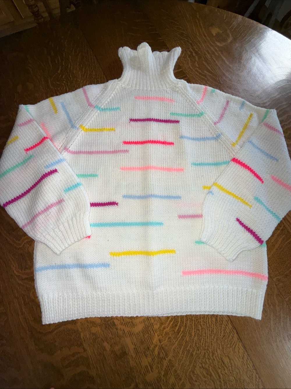 Hand Crafted White Mock Turtleneck Sweater with Pastel Stripe Bars